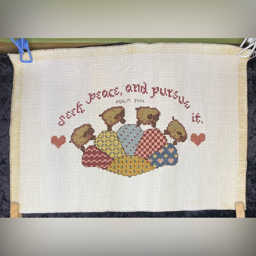 Vtg Needlepoint Hand Embroidered Cross Stitch Finished Sheep Psalms Country Chic